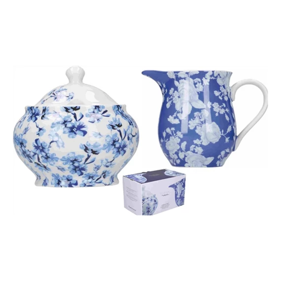 Porcelán kék rózsás  tej/citrom kiöntő - cukor tartó szett díszdobozban